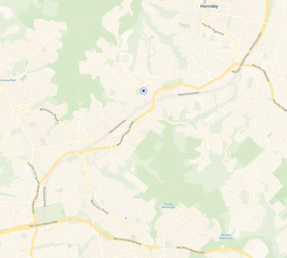 Map of the Thornleigh service area and the surrounding Upper North Shore, showing Thornleigh and the nearby streets we cover.