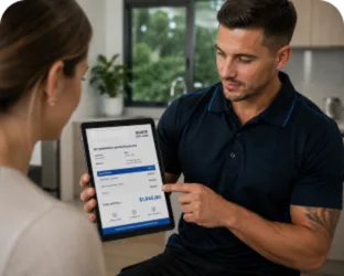 Plumber showing a Thornleigh customer the quote on a tablet