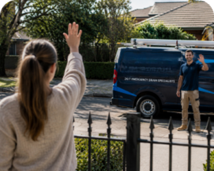 Customer waving goodbye to a Thornleigh Blocked Drains plumber